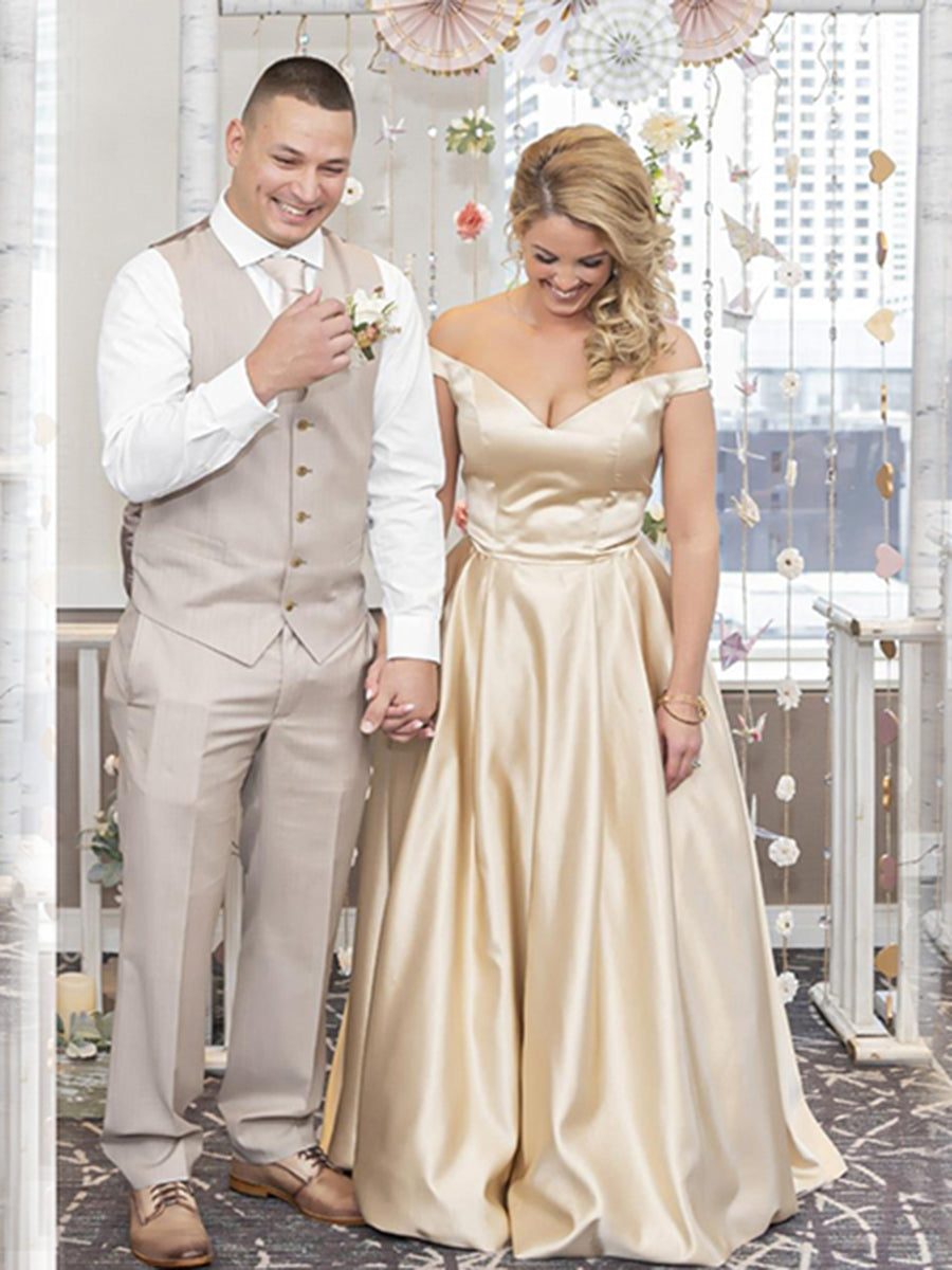 Off The Shoulder Beaded Satin A Line Prom Dress With Pocket