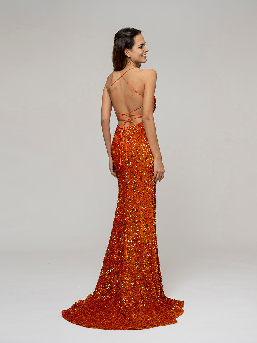 Scoop Neckline Long Sequin Prom Gown With Side Split