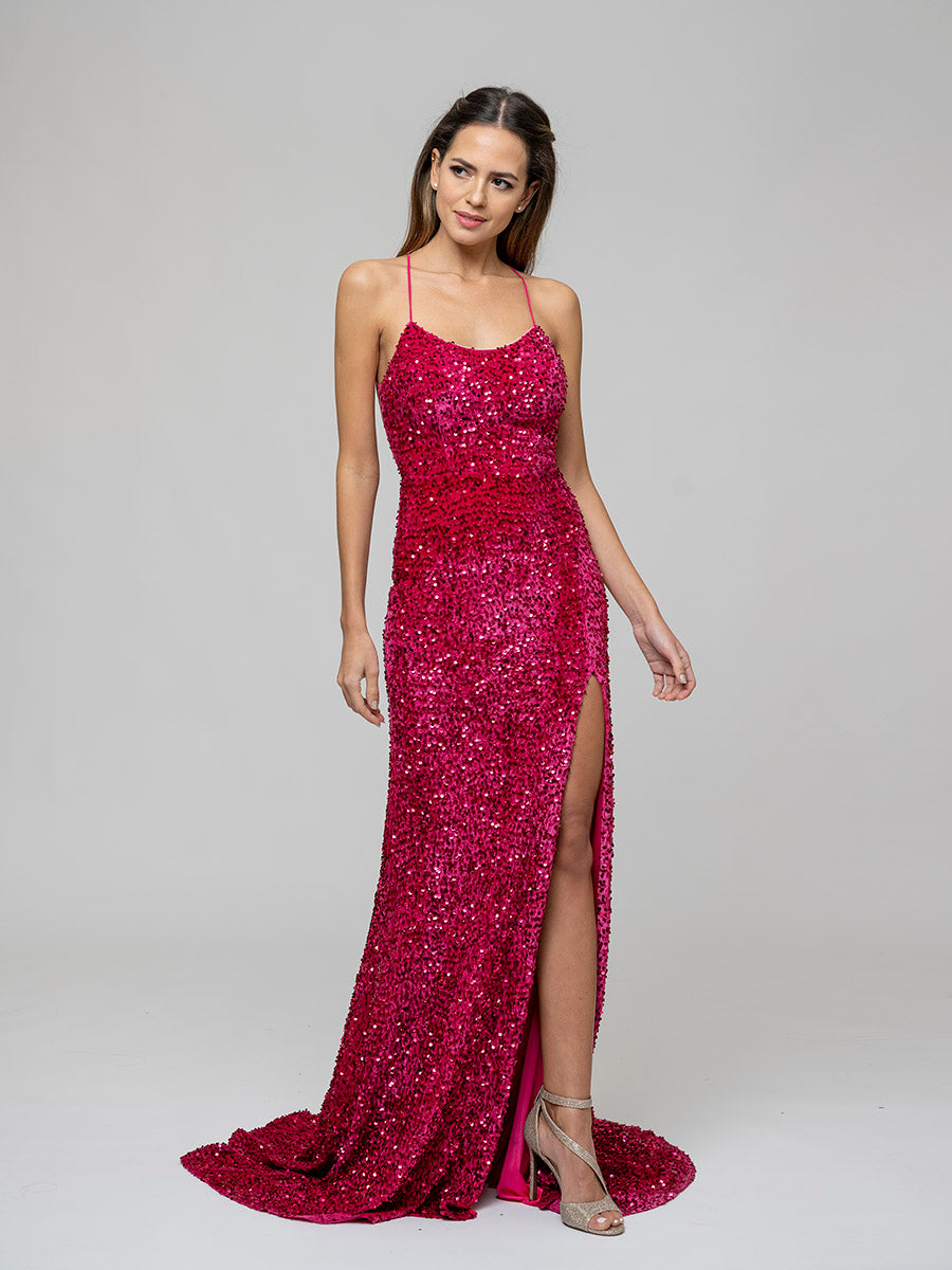 Sequin Side Split Scoop Neckline Fitted Long Prom Gown