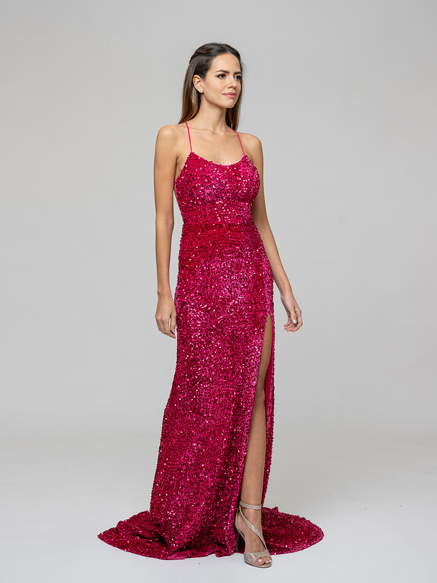 Sequin Side Split Scoop Neckline Fitted Long Prom Gown