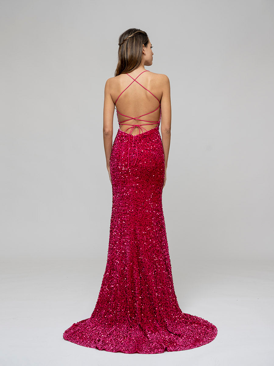 Sequin Side Split Scoop Neckline Fitted Long Prom Gown