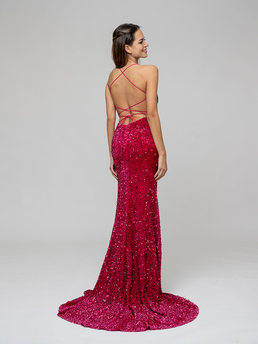 Sequin Side Split Scoop Neckline Fitted Long Prom Gown