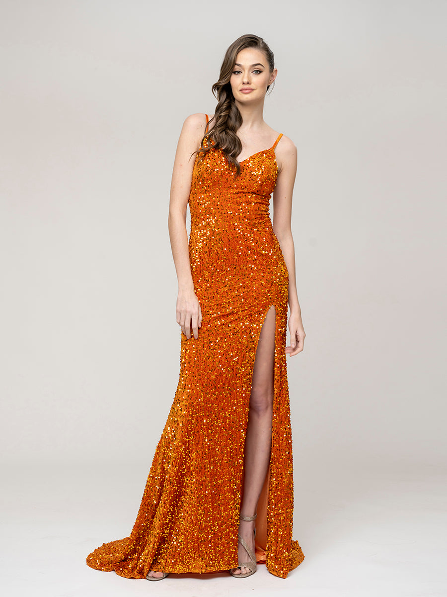 Sequin Spaghetti Strap Open Back Fitted Prom Dresses