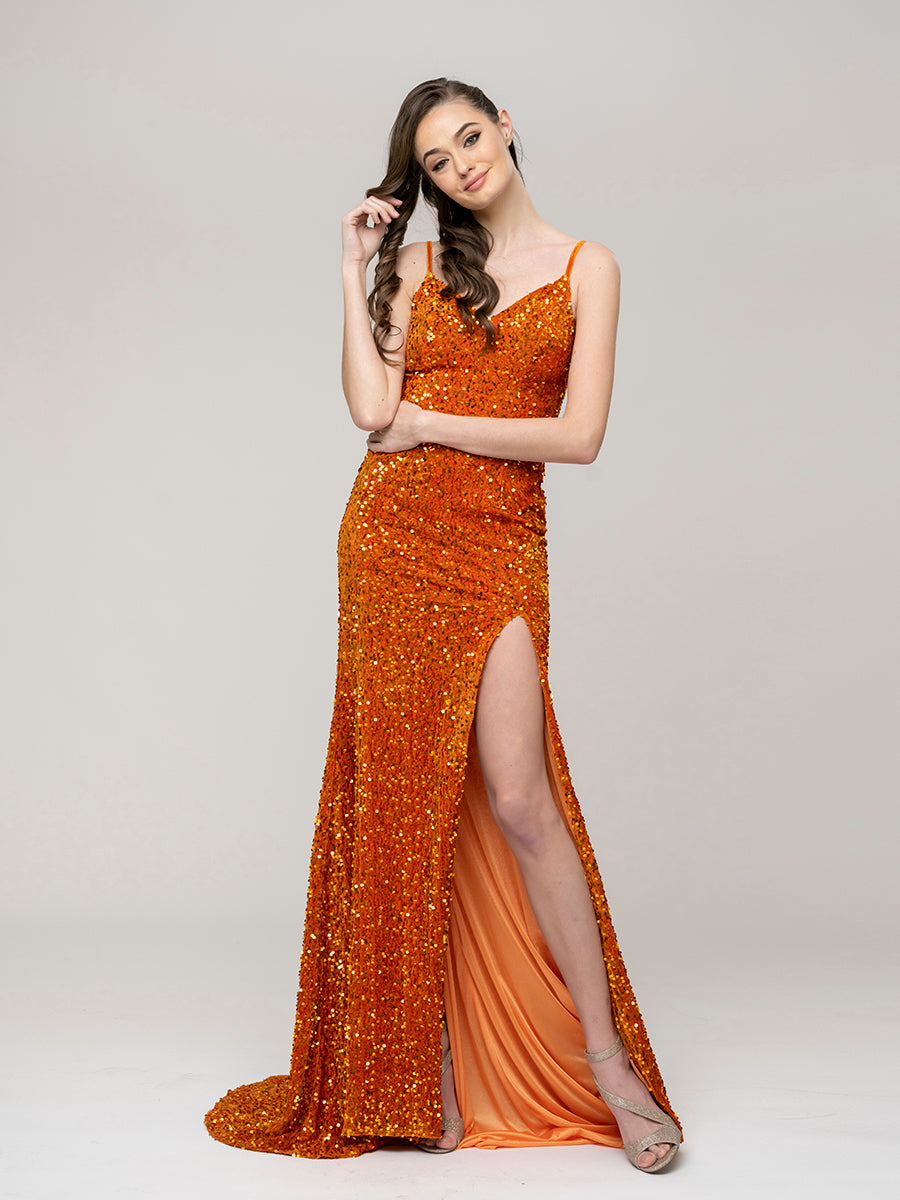 Sequin Spaghetti Strap Open Back Fitted Prom Dresses