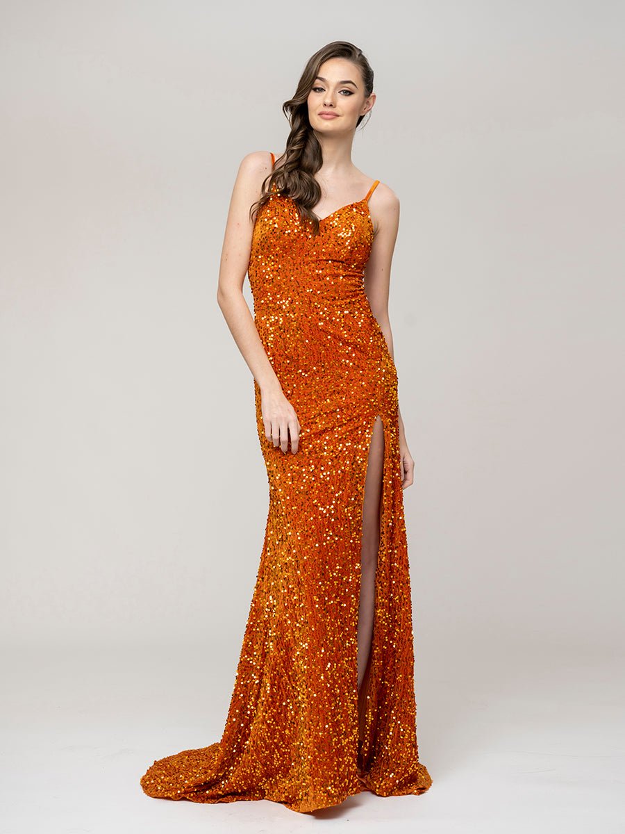 Sequin Spaghetti Strap Open Back Fitted Prom Dresses