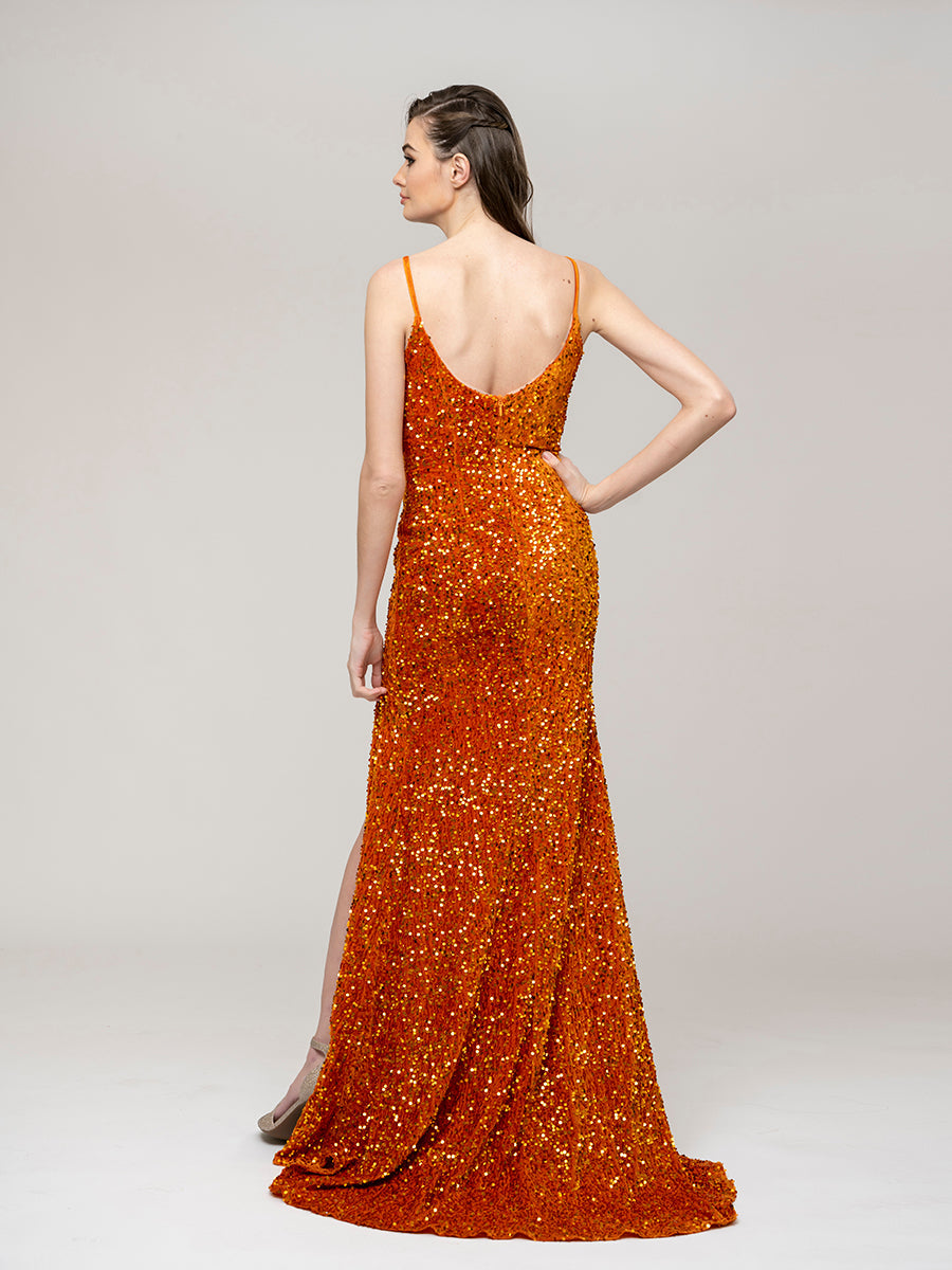 Sequin Spaghetti Strap Open Back Fitted Prom Dresses