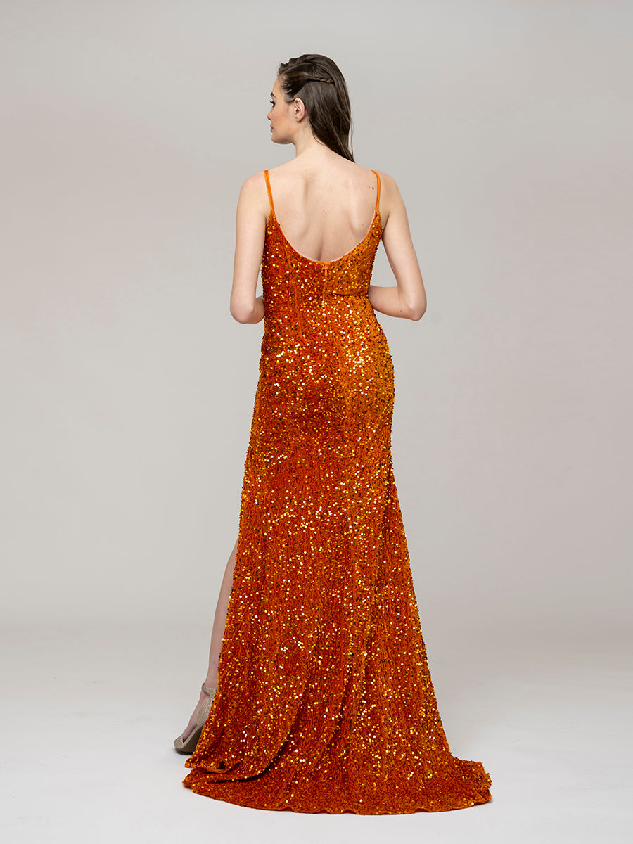 Sequin Spaghetti Strap Open Back Fitted Prom Dresses