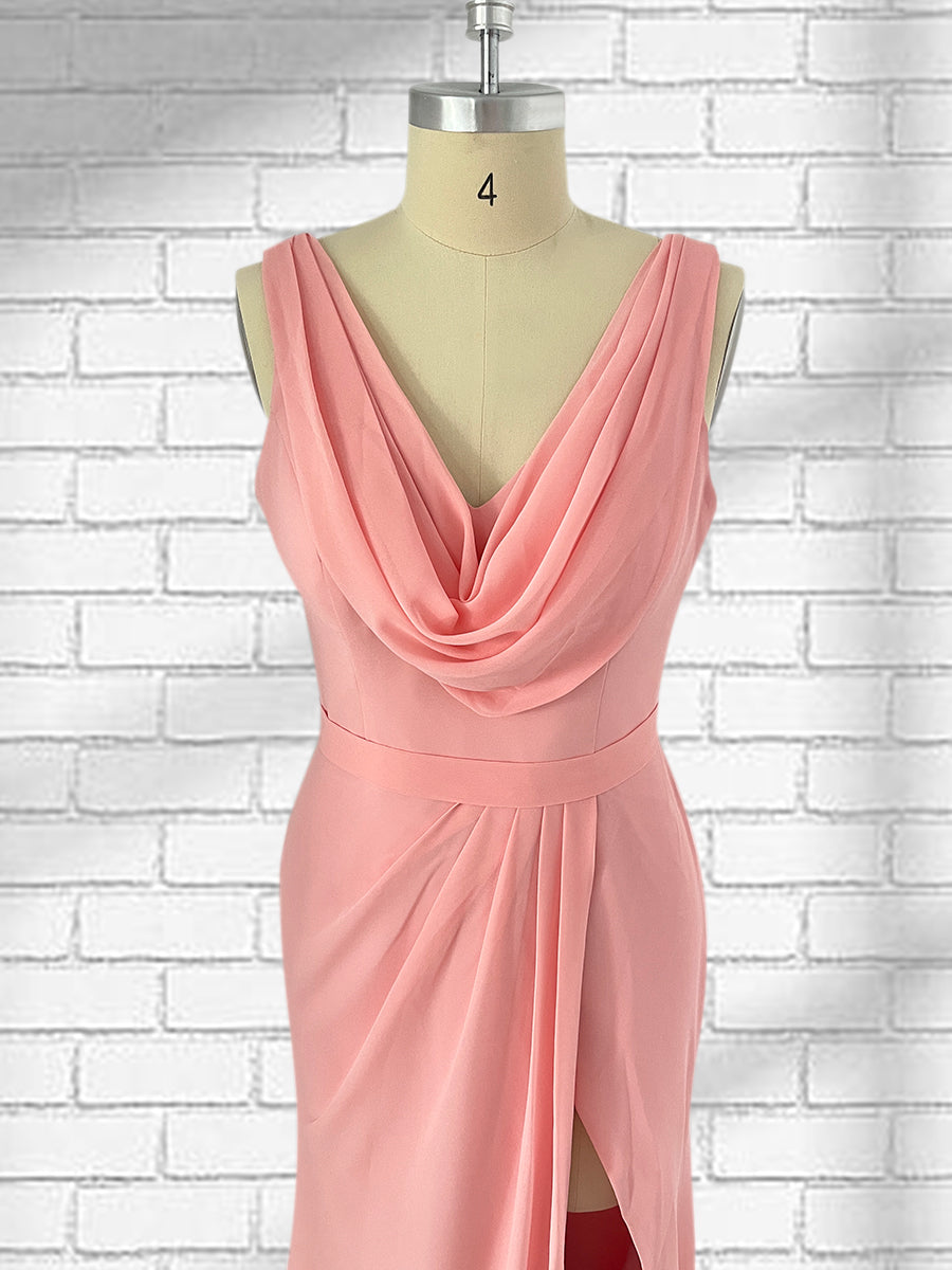 Sheath Cowl Neck Sleeveless Chiffon Bridesmaid Dresses With Slit and Ruffles