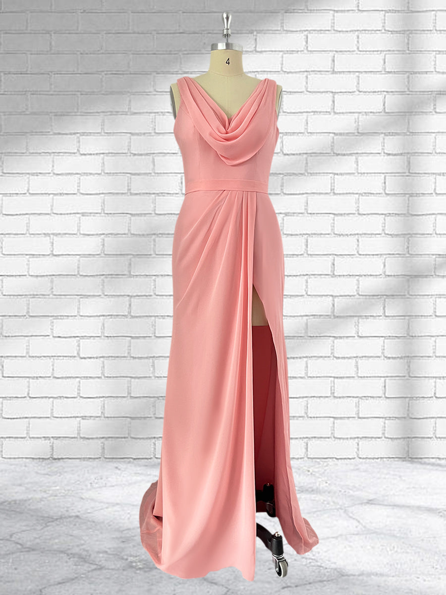 Sheath Cowl Neck Sleeveless Chiffon Bridesmaid Dresses With Slit and Ruffles