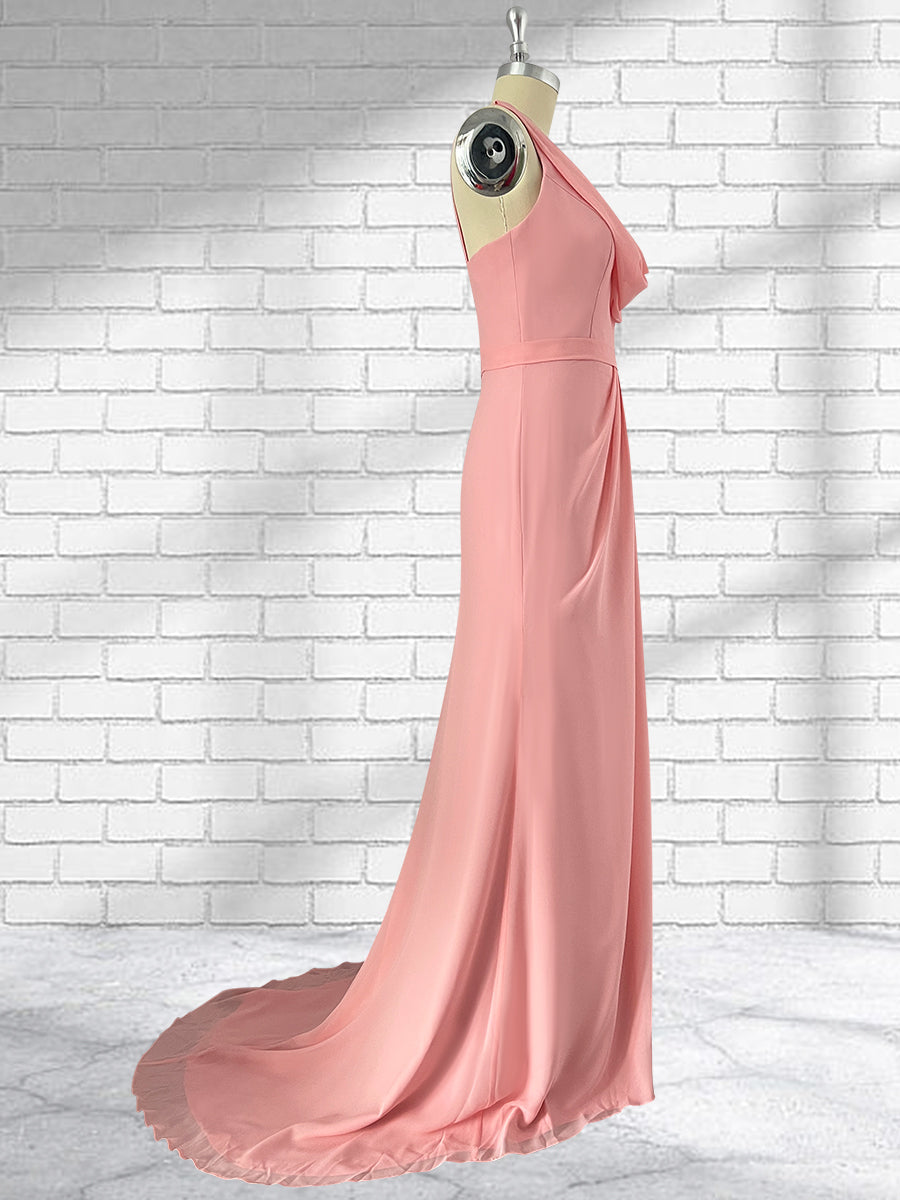 Sheath Cowl Neck Sleeveless Chiffon Bridesmaid Dresses With Slit and Ruffles