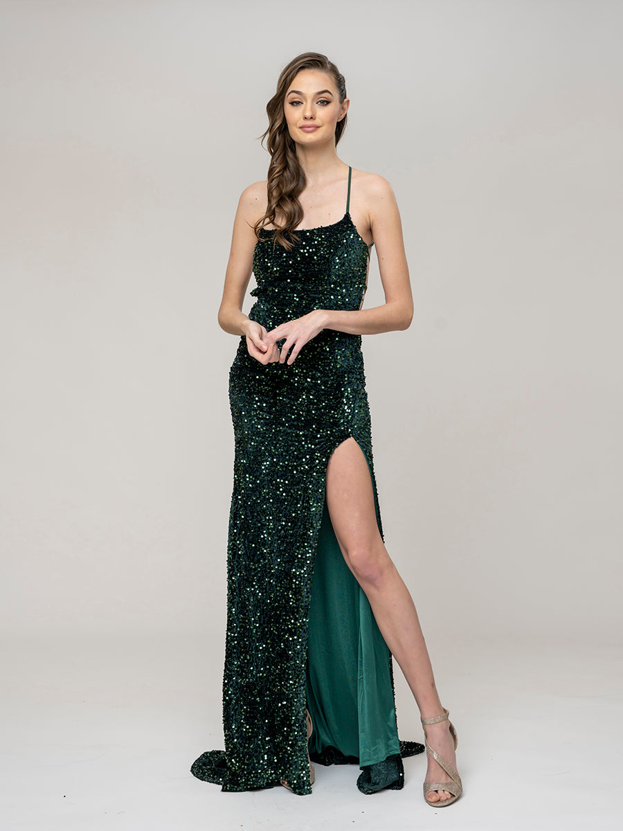  Side Slit Fitted Prom Dresses With Criss Cross Back