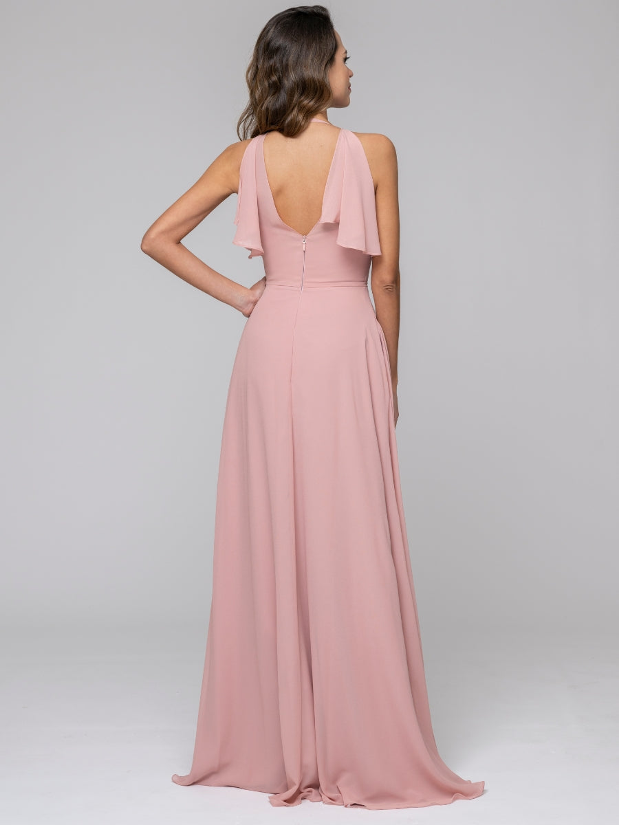 Dusty Rose Ruffles V Neck Floor Length Chiffon Bridesmaid Dresses