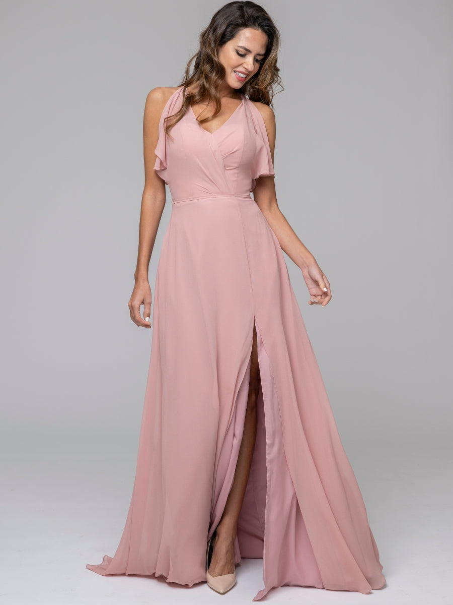 Dusty Rose Ruffles V Neck Floor Length Chiffon Bridesmaid Dresses