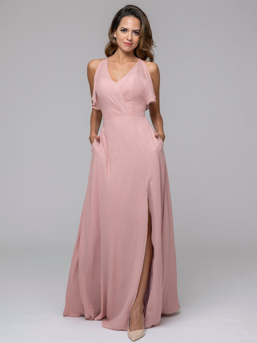 Dusty Rose Ruffles V Neck Floor Length Chiffon Bridesmaid Dresses