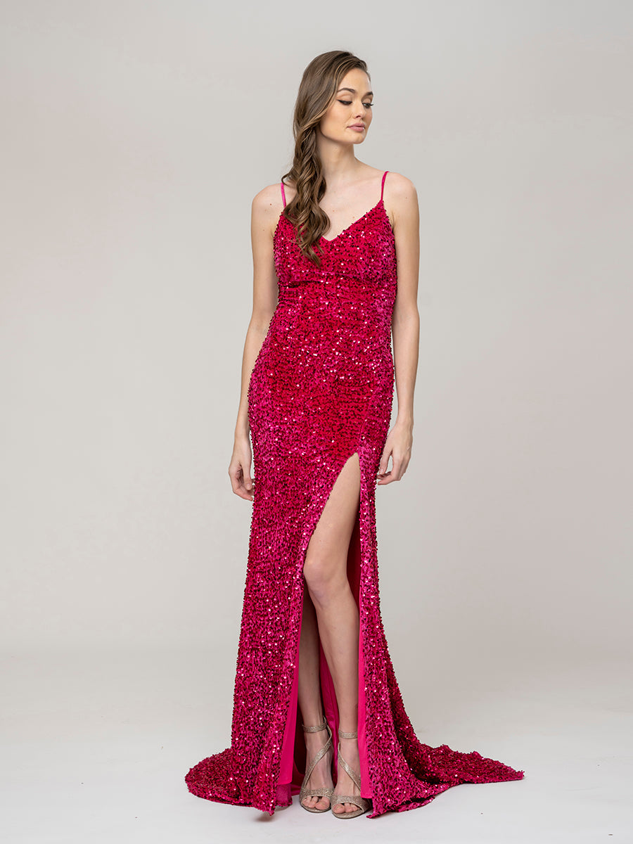 Spaghetti Strap Open Back Sequin Fitted Prom Dresses