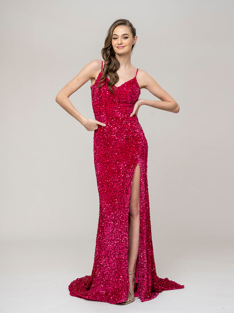 Spaghetti Strap Open Back Sequin Fitted Prom Dresses