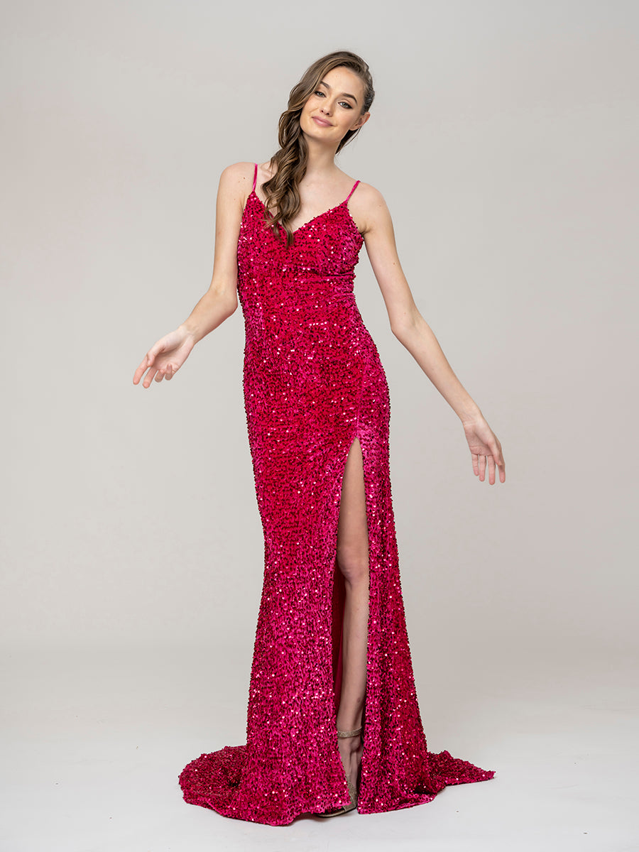 Spaghetti Strap Open Back Sequin Fitted Prom Dresses