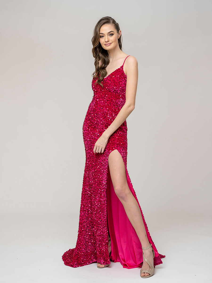 Spaghetti Strap Open Back Sequin Fitted Prom Dresses