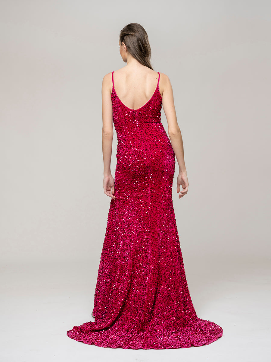 Spaghetti Strap Open Back Sequin Fitted Prom Dresses