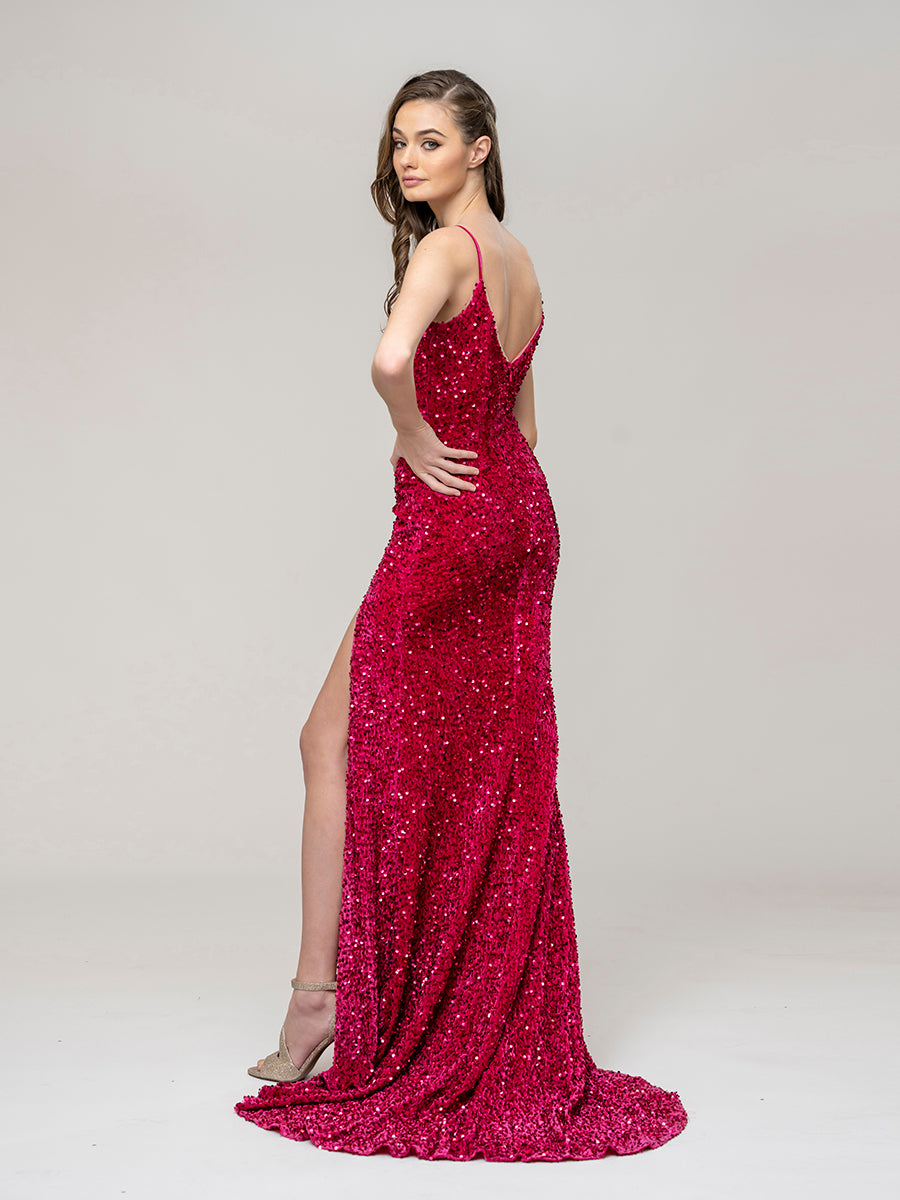 Spaghetti Strap Open Back Sequin Fitted Prom Dresses