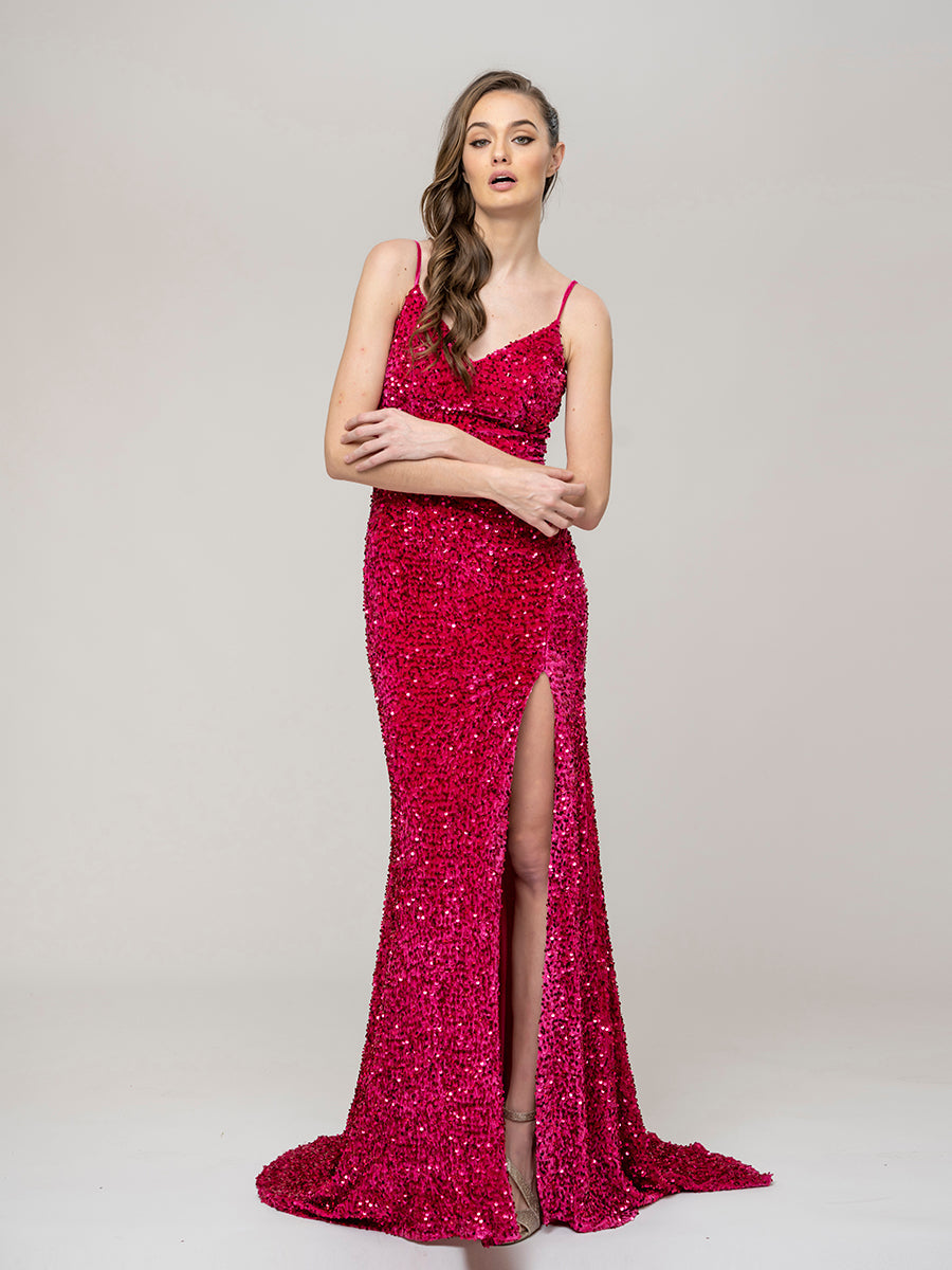 Spaghetti Strap Open Back Sequin Fitted Prom Dresses