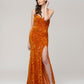 Spaghetti Strap Sequin Fitted Prom Dresses With Side Slit