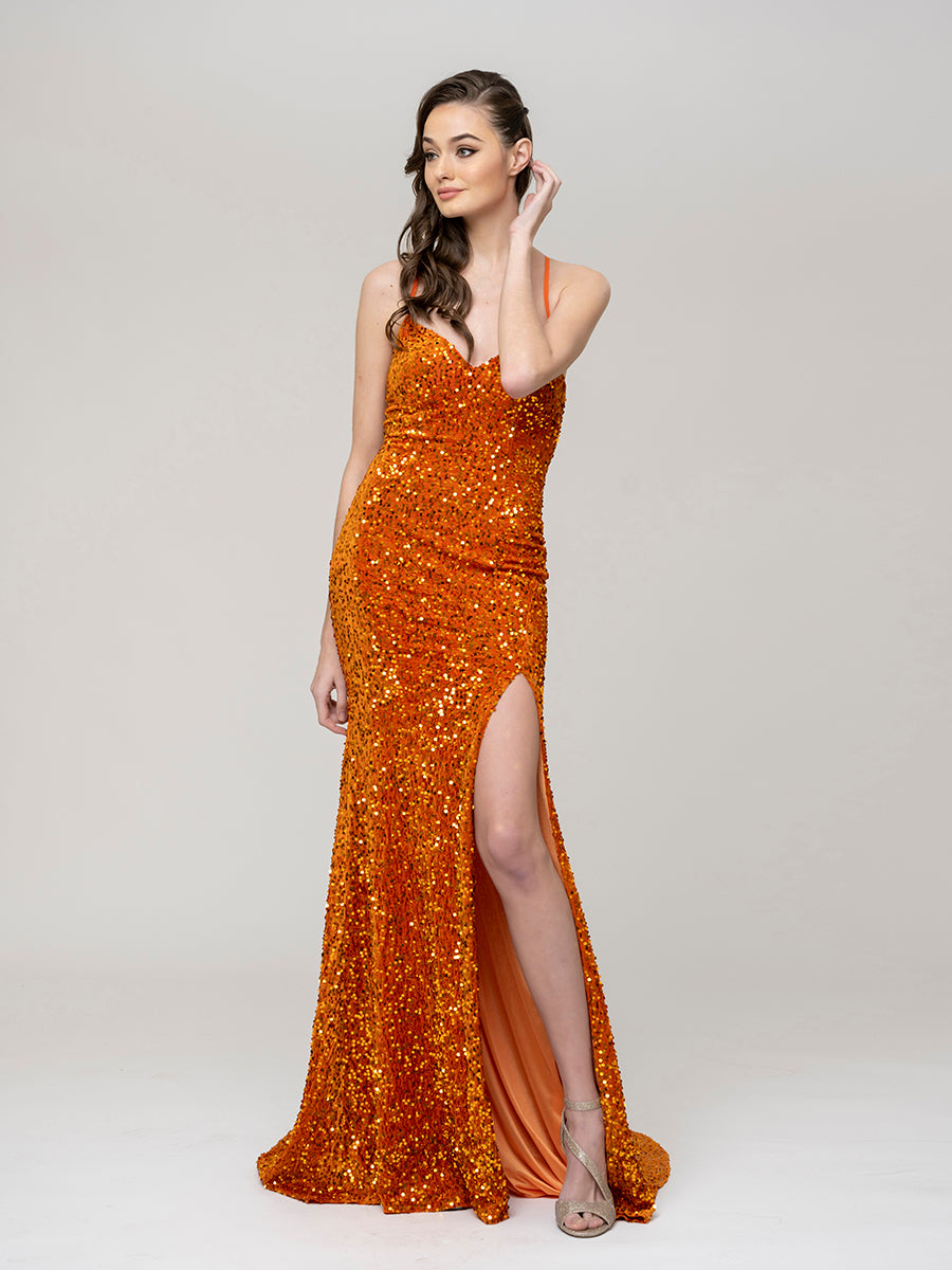 Spaghetti Strap Sequin Fitted Prom Dresses With Side Slit