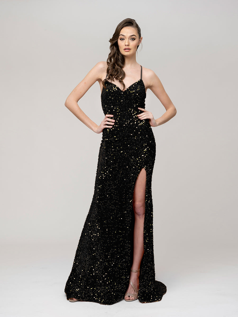 Spaghetti Strap Sequin Fitted Prom Dresses With Side Slit