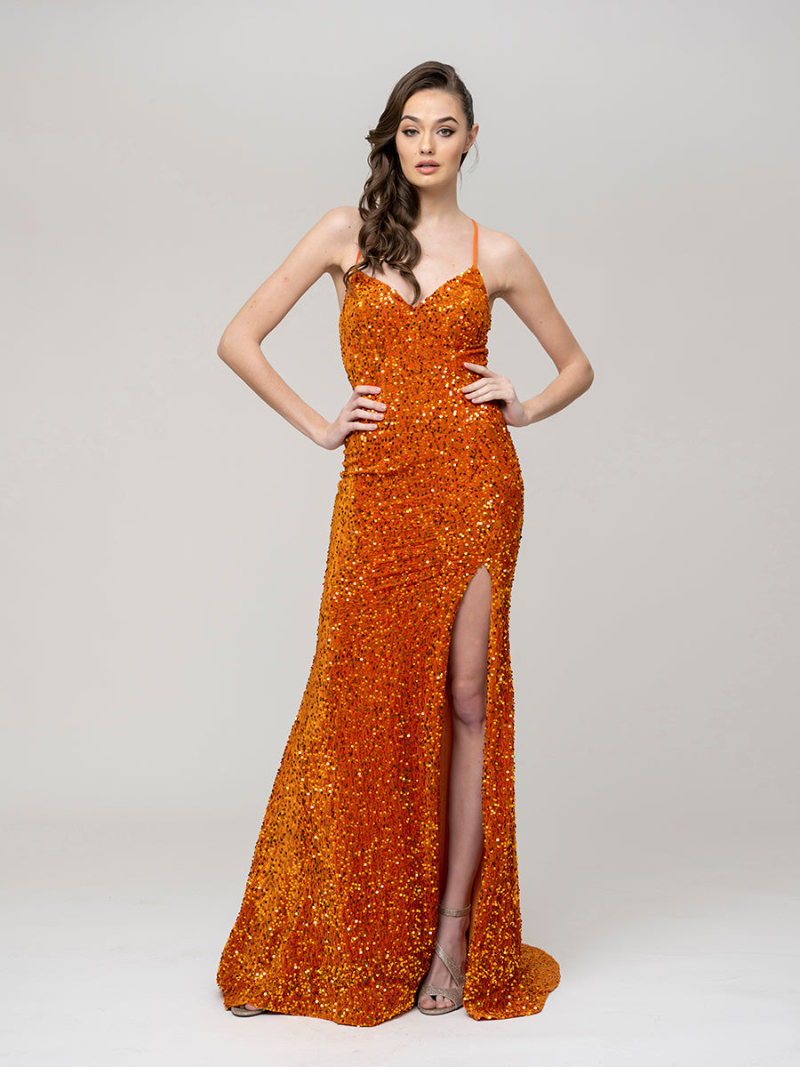 Spaghetti Strap Sequin Fitted Prom Dresses With Side Slit