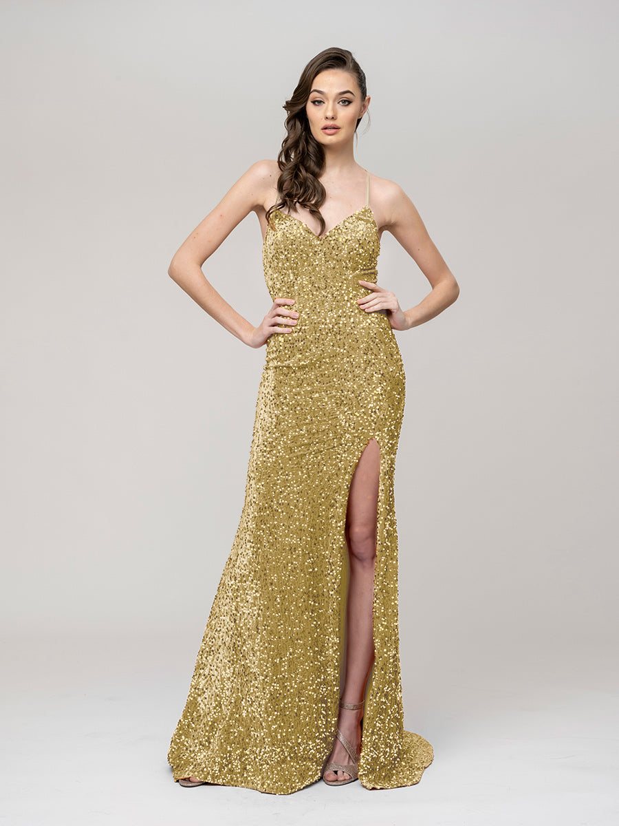 Spaghetti Strap Sequin Fitted Prom Dresses With Side Slit