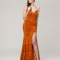 Spaghetti Strap Sequin Fitted Prom Dresses With Side Slit