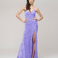Spaghetti Strap Sequin Fitted Prom Dresses With Side Slit