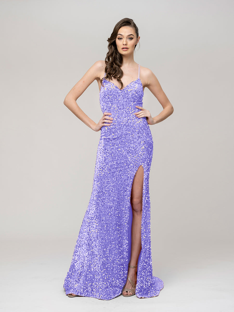 Spaghetti Strap Sequin Fitted Prom Dresses With Side Slit