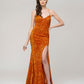 Spaghetti Strap Sequin Fitted Prom Dresses With Side Slit