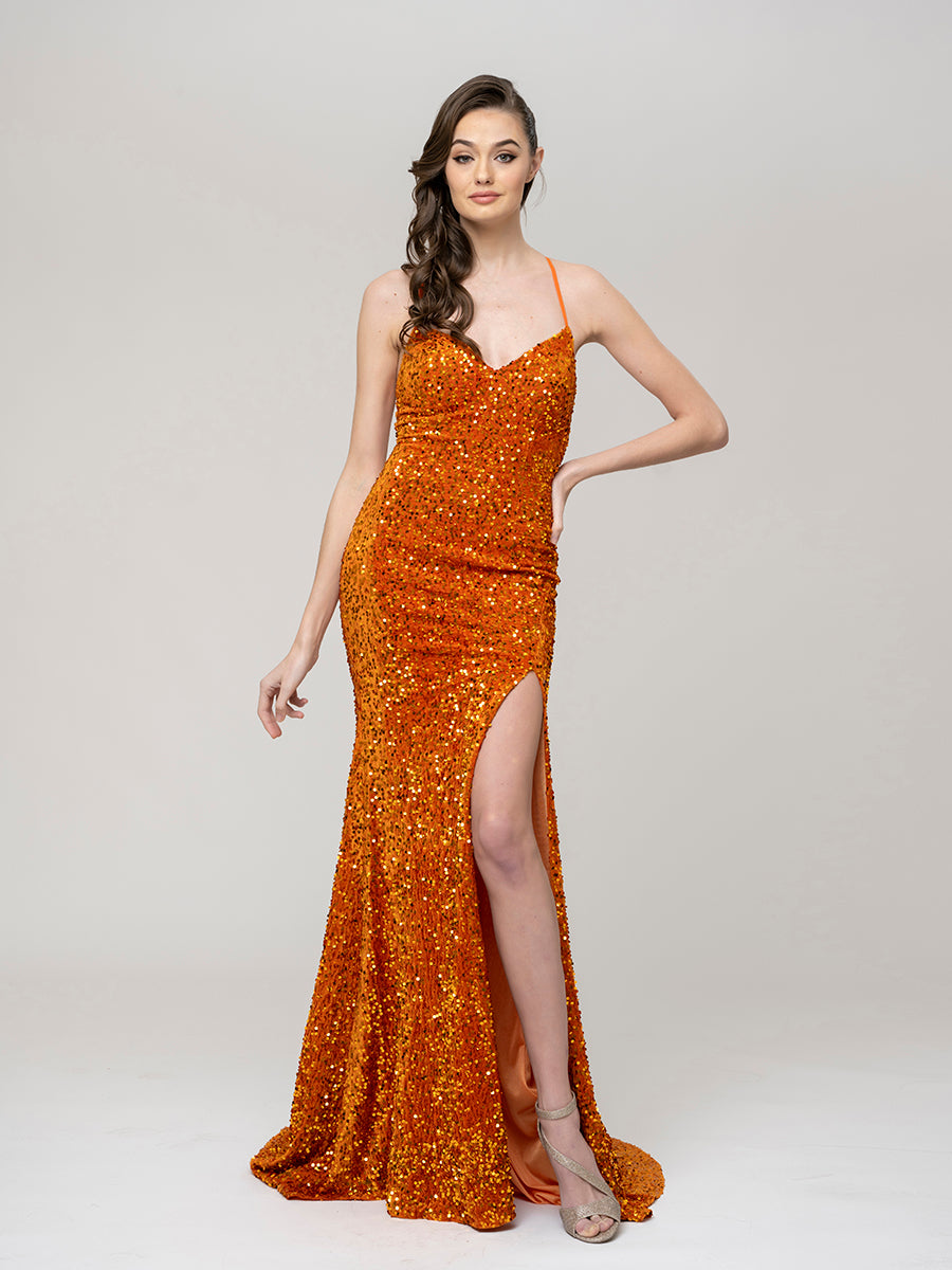 Spaghetti Strap Sequin Fitted Prom Dresses With Side Slit