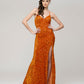 Spaghetti Strap Sequin Fitted Prom Dresses With Side Slit