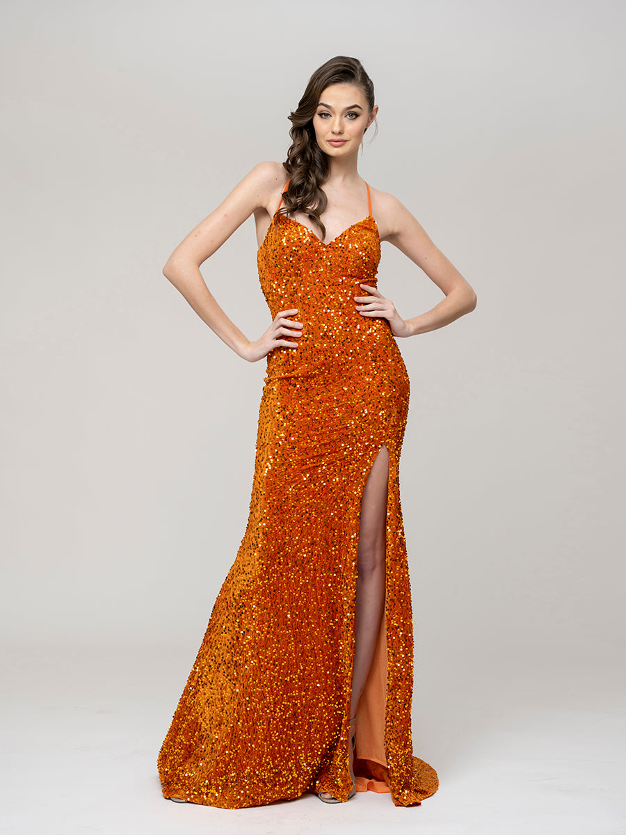 Spaghetti Strap Sequin Fitted Prom Dresses With Side Slit