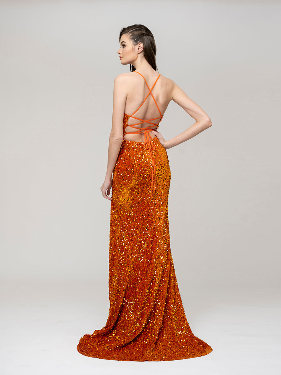 Spaghetti Strap Sequin Fitted Prom Dresses With Side Slit