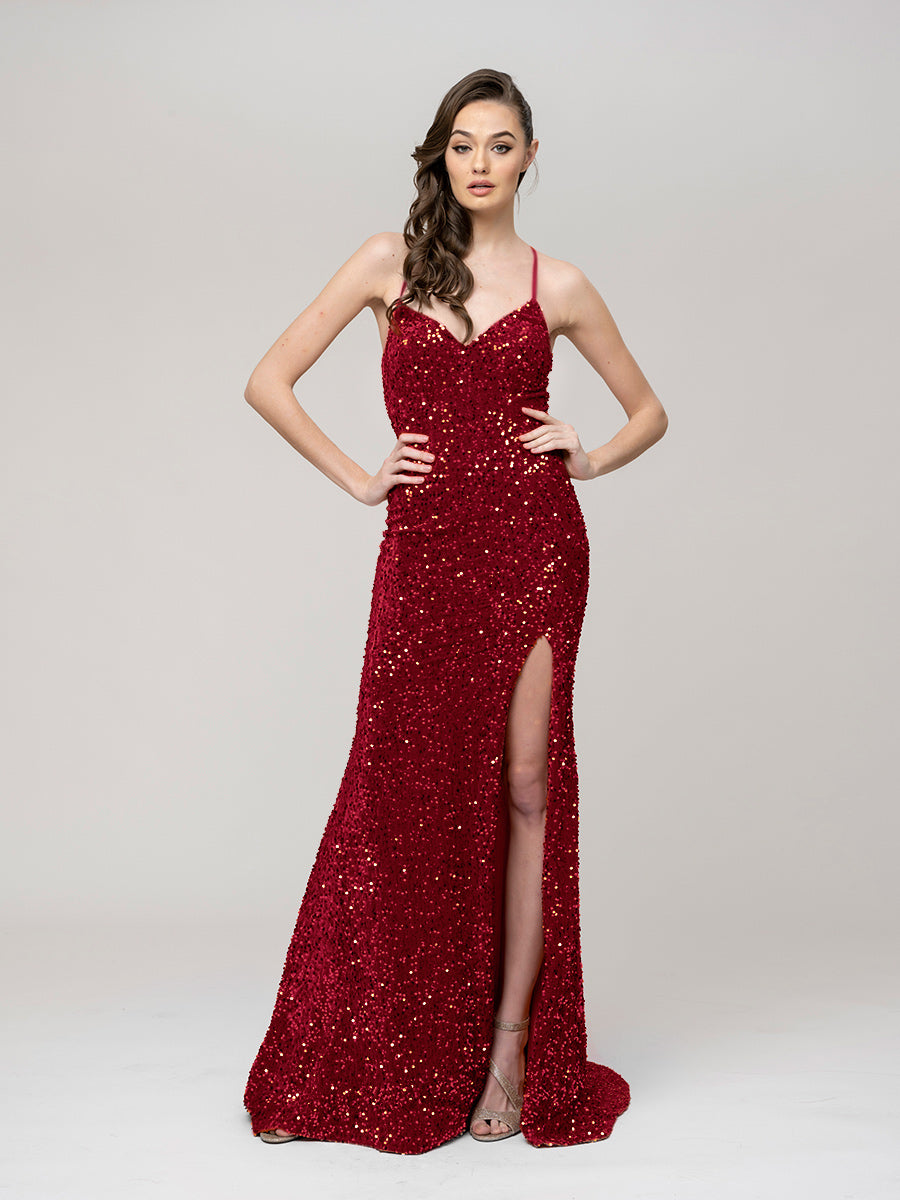 Spaghetti Strap Sequin Fitted Prom Dresses With Side Slit