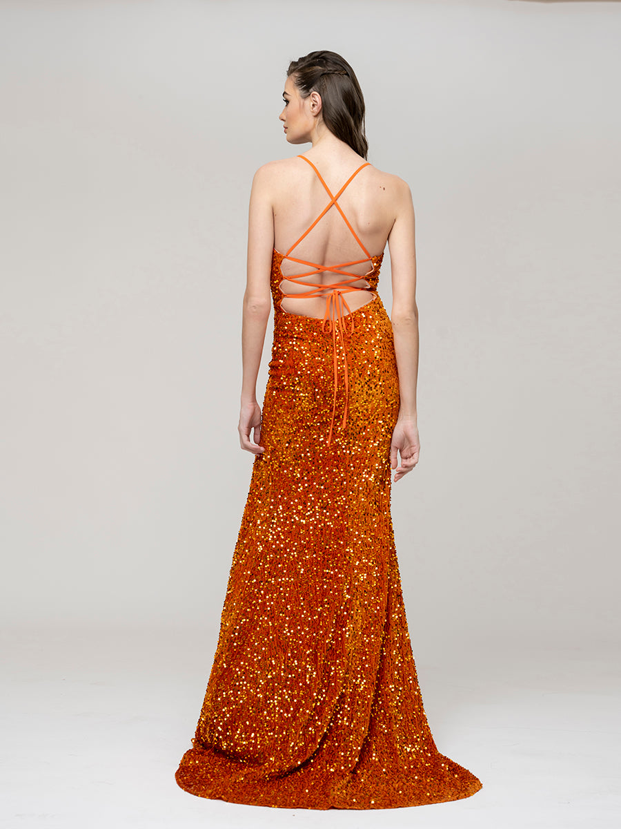 Spaghetti Strap Sequin Fitted Prom Dresses With Side Slit