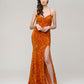 Spaghetti Strap Sequin Fitted Prom Dresses With Side Slit