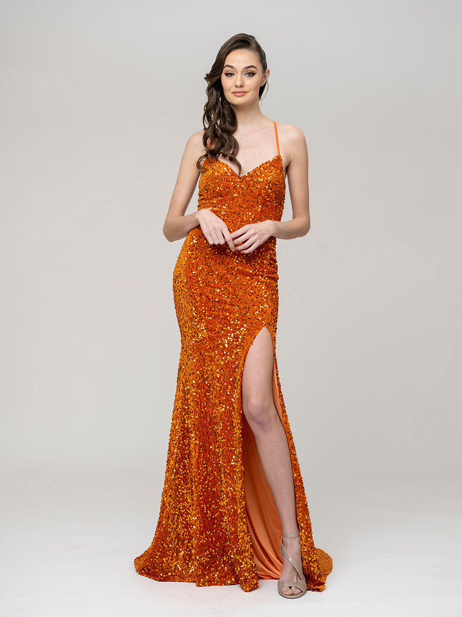 Spaghetti Strap Sequin Fitted Prom Dresses With Side Slit