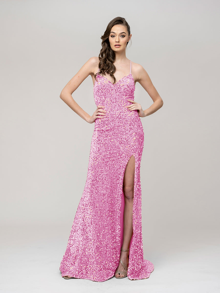 Spaghetti Strap Sequin Fitted Prom Dresses With Side Slit
