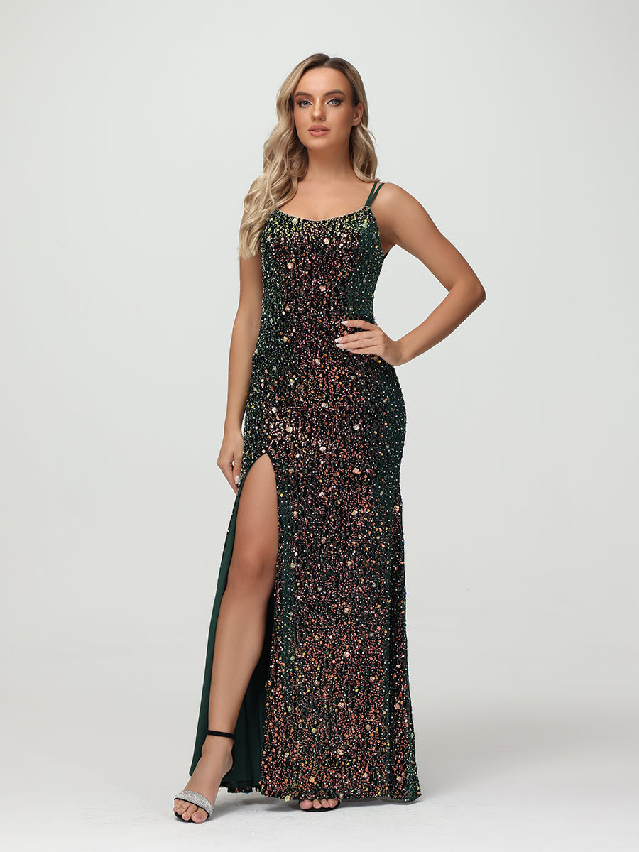 Luxury Spaghetti Strap Crisscross Back Sheath Prom Dresses