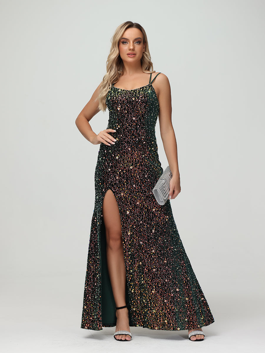 Luxury Spaghetti Strap Crisscross Back Sheath Prom Dresses