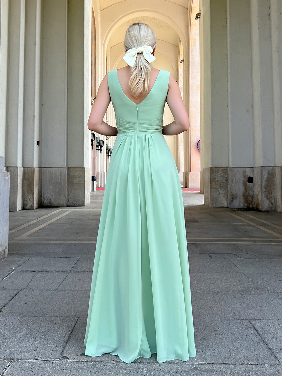 Straps Draped V-Neck Shirred Chiffon A Line Bridesmaid Dresses