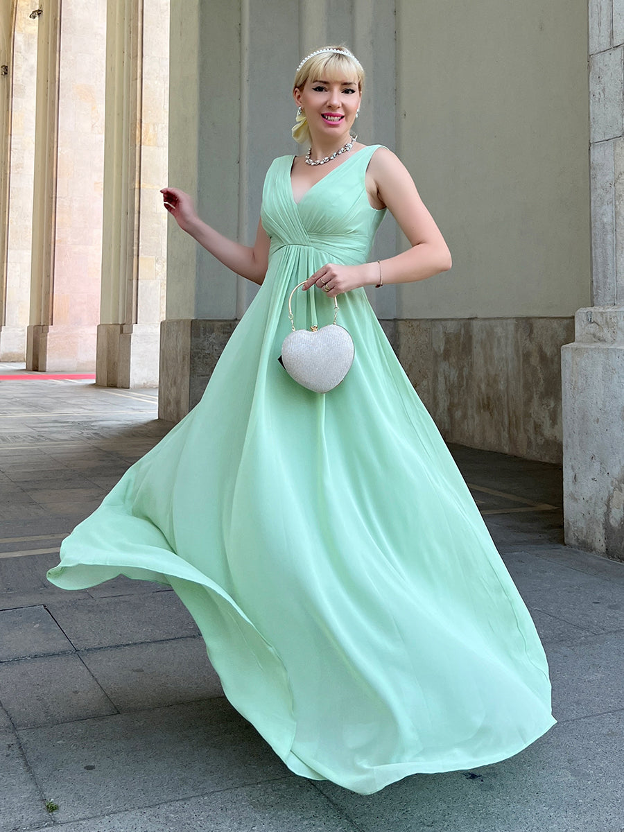 Straps Draped V-Neck Shirred Chiffon A Line Bridesmaid Dresses