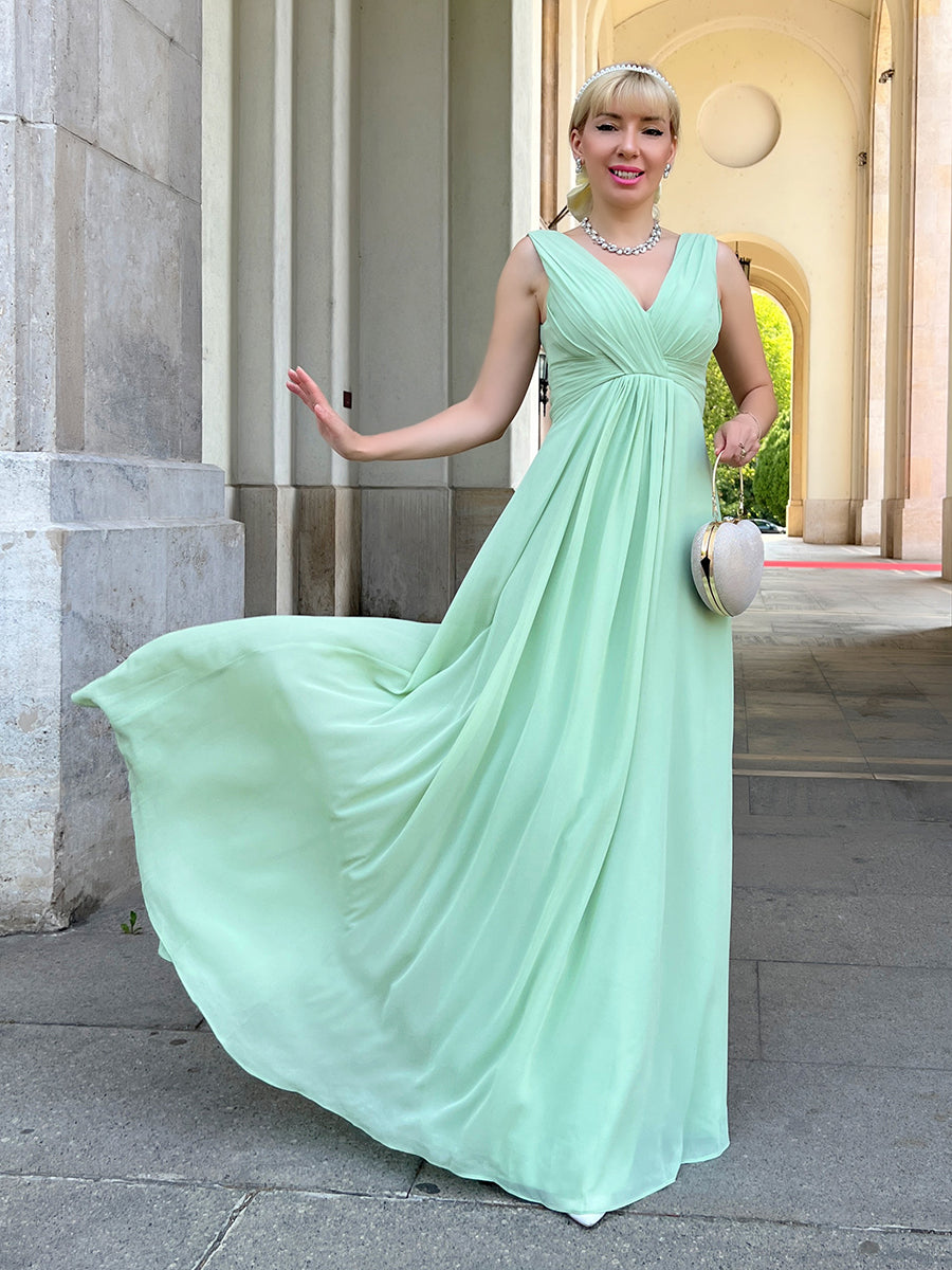 Straps Draped V-Neck Shirred Chiffon A Line Bridesmaid Dresses