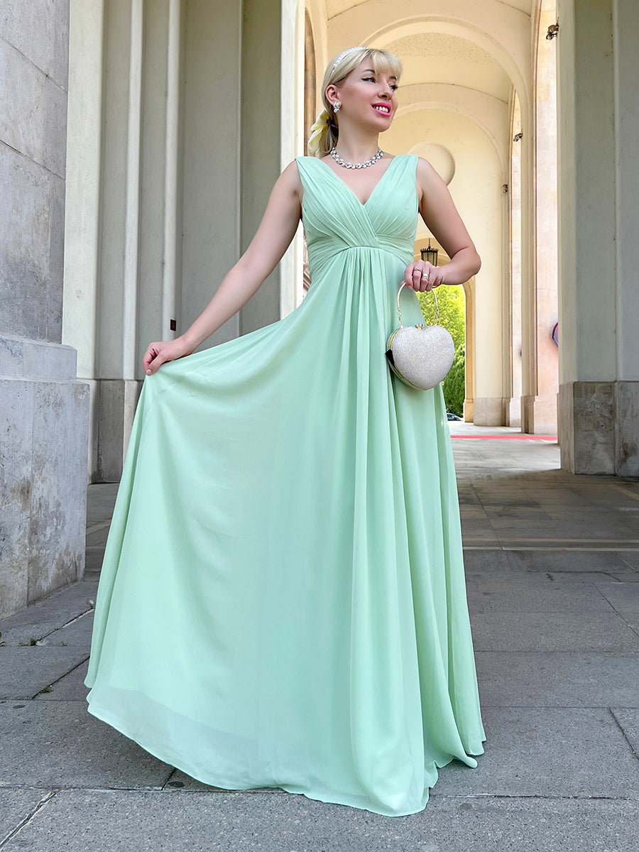 Straps Draped V-Neck Shirred Chiffon A Line Bridesmaid Dresses