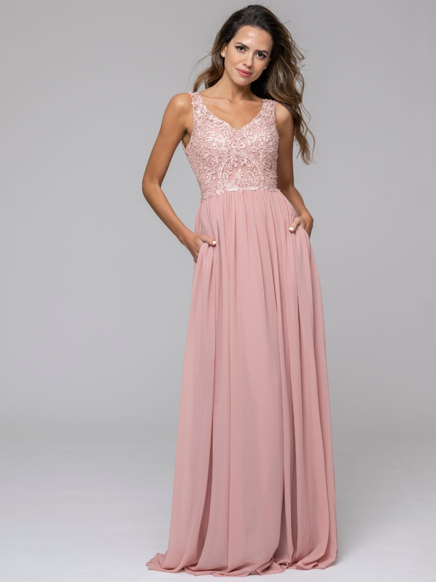 Applique V Neck Keyhole Back A Line Bridesmaid Dresses